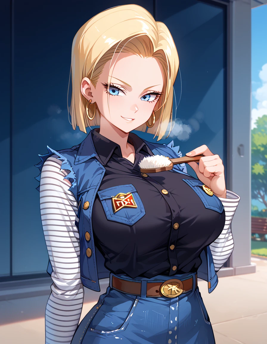  android 18,  blonde hair,  blue eyes,  eyelash ,  Hoop Earrings ,  shorthair,  earrings
belt , BLACK LEGWEAR, black  shirt, breast pocket,  clevis, clavicle, denim, denim  skirt, high-waist  skirt, gem,  Long Sleeve , pocket,  shirt,  shirt tucked in,  skirt,   stripe,   stripe sleeves, Waistcoat, clevis,  Big Breasts , (Big Breasts:1.2),(Athletic physique),Full Bust,Big Breasts,( beautifully shaped breasts:1.1) ,( Round Breasts ),((slender)),(Curvy Hips) ,(細身の体),(( perfect body)),
breathe, smirking , nose brush,( Bust Focus ),Random Situation