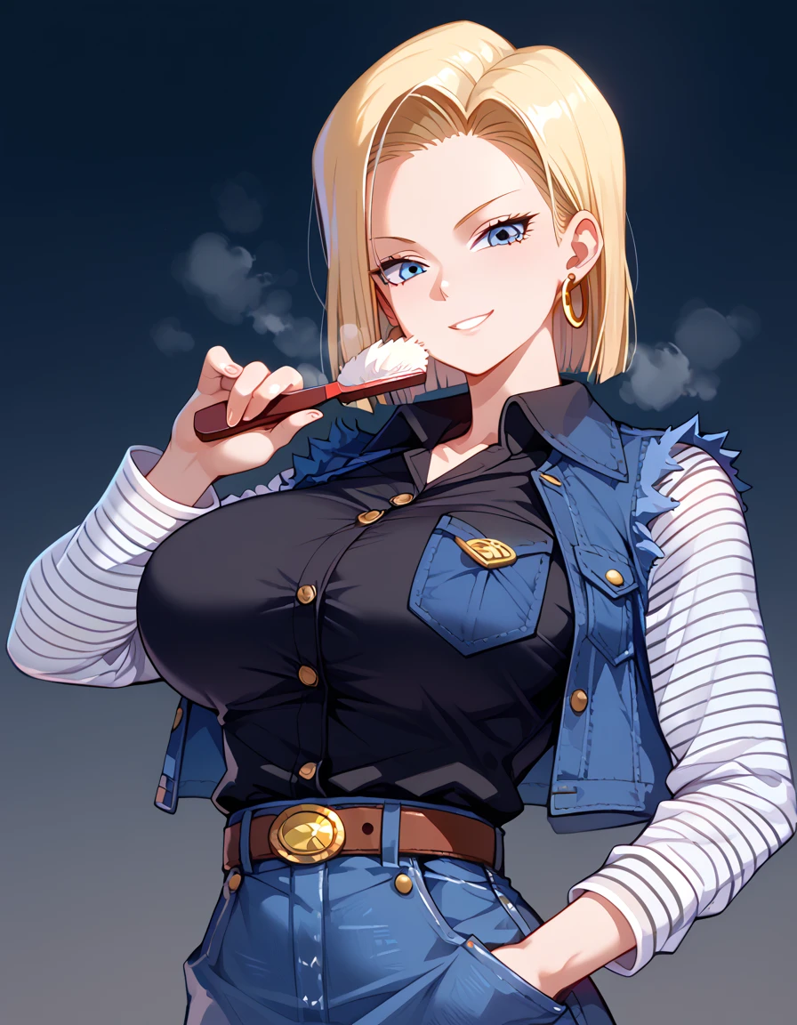  android 18,  blonde hair,  blue eyes,  eyelash ,  Hoop Earrings ,  shorthair,  earrings
belt , BLACK LEGWEAR, black  shirt, breast pocket,  clevis, clavicle, denim, denim  skirt, high-waist  skirt, gem,  Long Sleeve , pocket,  shirt,  shirt tucked in,  skirt,   stripe,   stripe sleeves, Waistcoat, clevis,  Big Breasts , (Big Breasts:1.2),(Athletic physique),Full Bust,Big Breasts,( beautifully shaped breasts:1.1) ,( Round Breasts ),((slender)),(Curvy Hips) ,(細身の体),(( perfect body)),
breathe, smirking , nose brush,( Bust Focus ),Random Situation