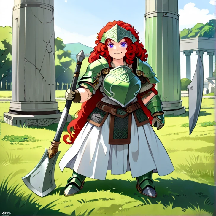 Masterpiece, HD, high resolution, high quality, best quality, super detailed. solo character alones. Fantasy art.
{{(A 60-years-old barbarian-woman:(she has: medium-lentgh scarlet-red curly-hair. purple-eyes. Very beautiful face. smiling cheerful kind and wise. standing upright on a confident and brave pose with her right hand on her hip. holding with her left arm a battle-axe. she stand 1,93-meters-tall.),(equipment: battle-axe.),(she wears: green full paladin-bulky-armor: full claded in steel and armored. Green-steel open armored-helmet. Green-metal armored-belt. grey gloves. Green-armored-hips-armor. Green elbows-armors. Green-arms-armor. big shoulder armor plates. long steel green armored-boots.),(scenery: celtic training ground. sunny day. full of grass. greek pillars around.))}}