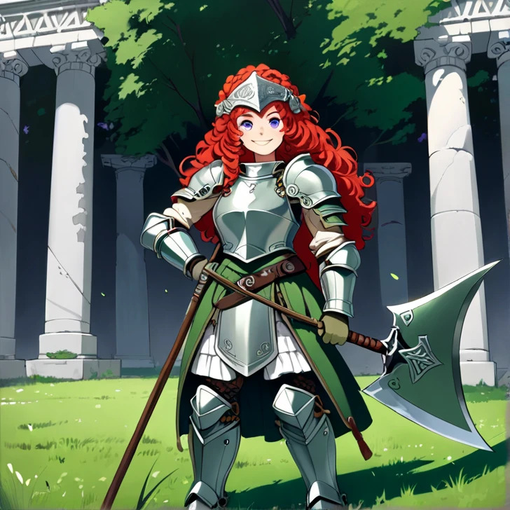 Masterpiece, HD, high resolution, high quality, best quality, super detailed. solo character alones. Fantasy art.
{{(A 60-years-old barbarian-woman:(she has: medium-lentgh scarlet-red curly-hair. purple-eyes. Very beautiful face. smiling cheerful kind and wise. standing upright on a confident and brave pose with her right hand on her hip. holding with her left arm a battle-axe. she stand 1,93-meters-tall.),(equipment: battle-axe.),(she wears: green full paladin-bulky-armor: full claded in steel and armored. Green-steel open armored-helmet. Green-metal armored-belt. grey gloves. Green-armored-hips-armor. Green elbows-armors. Green-arms-armor. big shoulder armor plates. long steel green armored-boots.),(scenery: celtic training ground. sunny day. full of grass. greek pillars around.))}}