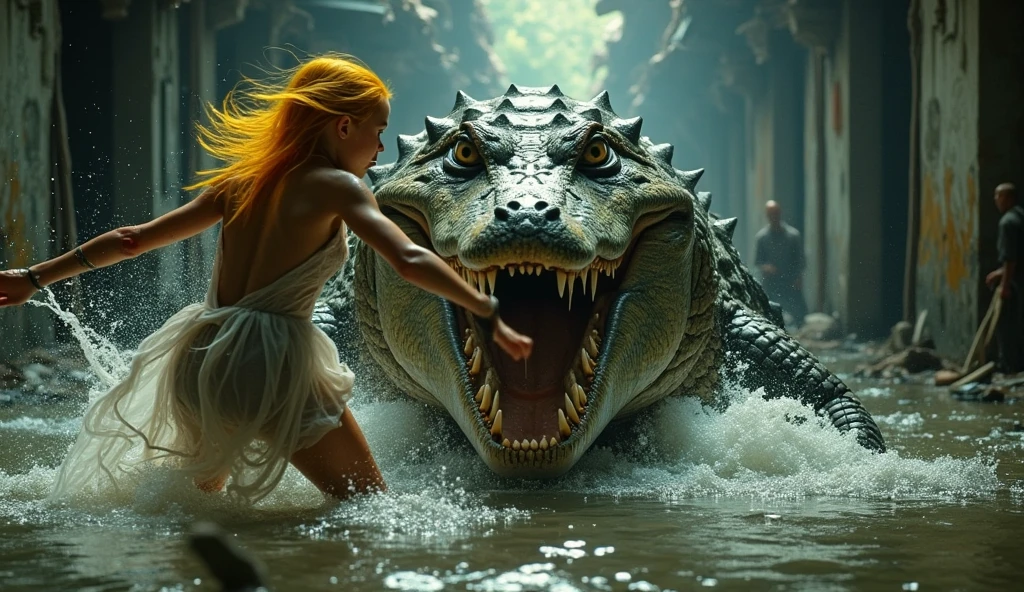 a beautiful young woman (gates mcfadden, age 30) wearing an explorer themed bikini, bathing in a pool under a waterfall, suddenly attacked by a fearsome dinosaur monster, intense deadly struggle, highly detailed, photorealistic, 8k, dramatic lighting, cinematic composition, lush tropical environment, vivid colors, dynamic action, incredible realism
