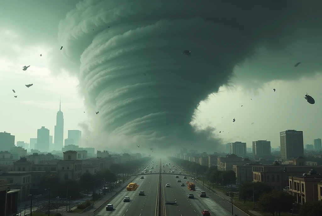 ((Masterpiece, Top Quality, High Resolution, Photorealistic, Extremely detailed CG unified 8k wallpaper)), Tornado Storm, A storm of tornadoes hits the West Coast, several tornadoes bigger than buildings hit cities, picking up signs and cars and destroying cities.