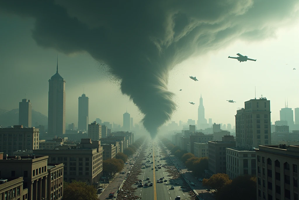 ((Masterpiece, Top Quality, High Resolution, Photorealistic, Extremely detailed CG unified 8k wallpaper)), Tornado Storm, A storm of tornadoes hits the West Coast, several tornadoes bigger than buildings hit cities, picking up signs and cars and destroying cities.