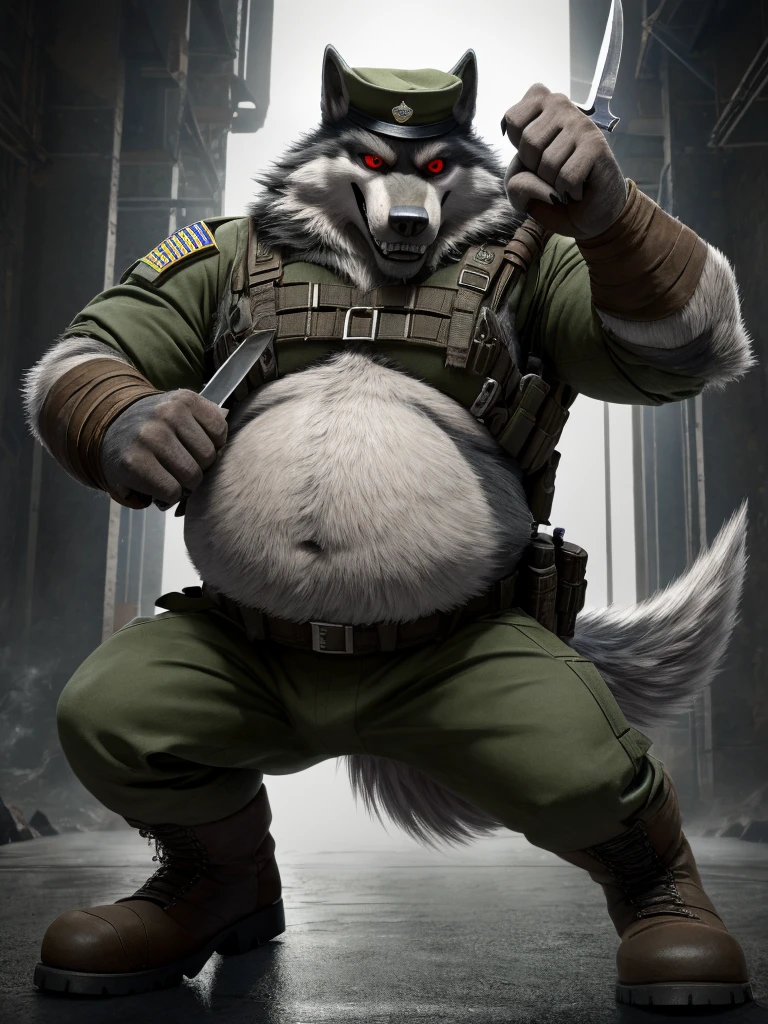 Fattest Death Wolf, unbelievably extremely massive belly, wears boots, wears Black military special forces outfit, holding a knife, scars on the face, red eye, fighting pose, Stares at viewer, wears military hat, smiling. 