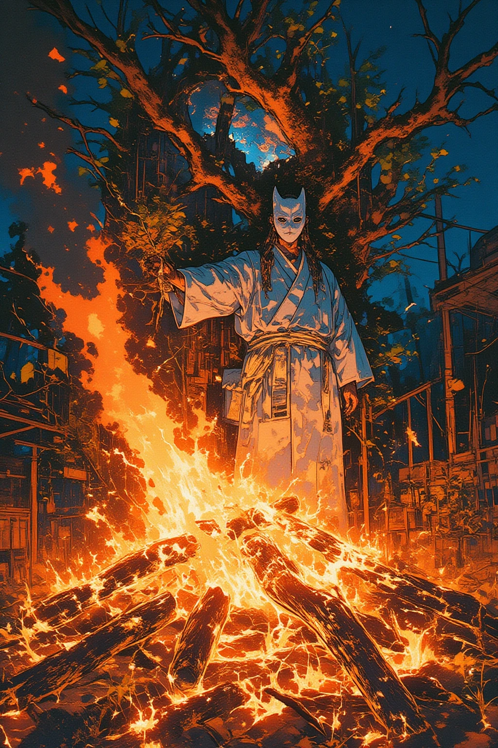   Oita Prefecture Quebes Festival 、Fire Festival、白装束の祈祷師とfirewoodの葉を燃やすMasked Man、 Surreal collage, a contemporary artistic collage, collage artwork,     New Album Cover    ,    Great job! , digital collage, ( collage ), collage art, contemporary collage, mixed media collage,     Surreal +    High resolution    ,     Surreal style,convertible、night、 The Inner World of the Autism Spectrum   、 looks at you, sparks、 Burning Firewood Leaves 、firewood、plum、Japanese white-eye、Man in white、Masked Man、Mountain Burning 