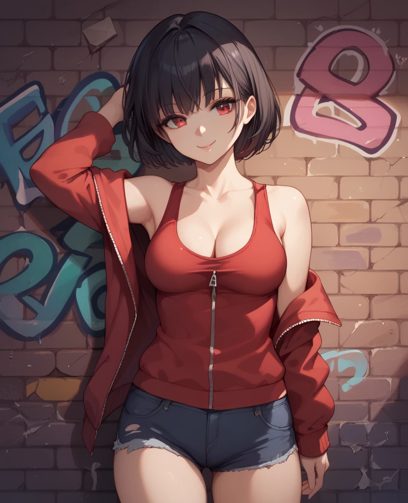 Sexy anime girl, age 19, black short hair, red eyes, no bra, tight red tank top, cleavage, zip up red jacket, short denim, medium breasts, medium thighs, perfect shapely body, seductive pose, mouth closed, smile, graffiti wall, cracked wall, gloomy atmosphere, night, cowboy shot