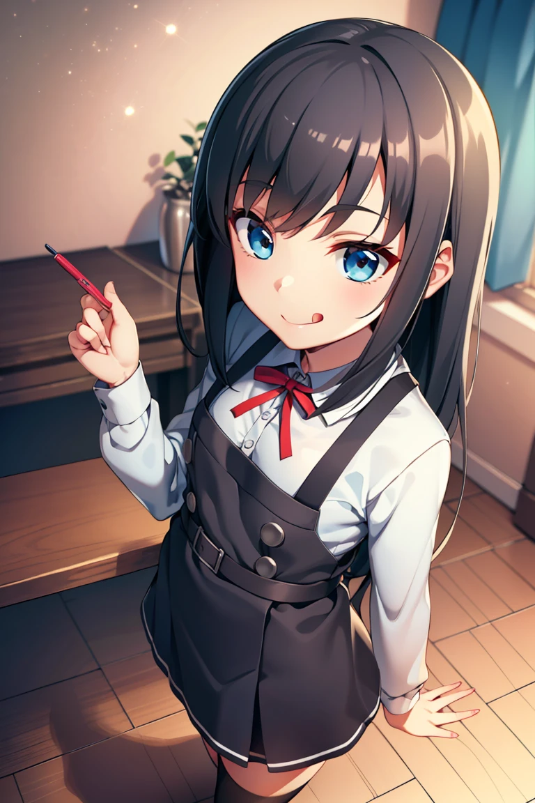 asashiokainiKC, Long Hair, shirt, Knee socks, Long sleeve, ribbon, , neck ribbon, Apron dress, (Small breasts:1.2), (Small body:1.2), (Low length:1.2), One , alone,
break 
(SFW:1.3), (whole body), (Bust up shot:1.2), (Face Focus:1.1)
break
0pen,  (Sticking out tongue), ((Long Tongue)), (Open your mouth) , From above, (Overhead Shot)
break
(;d:1.2), A shy smile, (blush:1.2), 閉じた目
break
official art, Masterpiece, Highest quality, Highest Resolution, 8K, Most detailed, Extremely elaborate hands, Highly detailed fingers, Highly detailed mouth, perfect anatomy
break
(indoor, Bedroom), dust, dust, Particles of light, Highly detailed 16K CG wallpaper