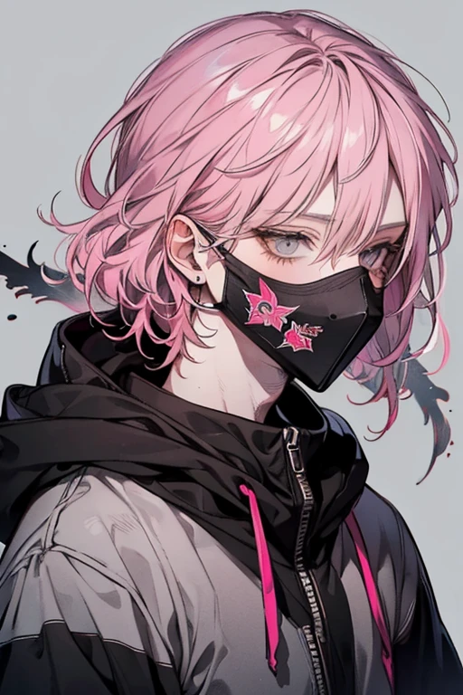 psychopathic face and bust, short pink hair, pale skin, schizophrenic eyes, sadistic and crazy laugh, anxiety, drugs, medication pills, image with strong shades of pink