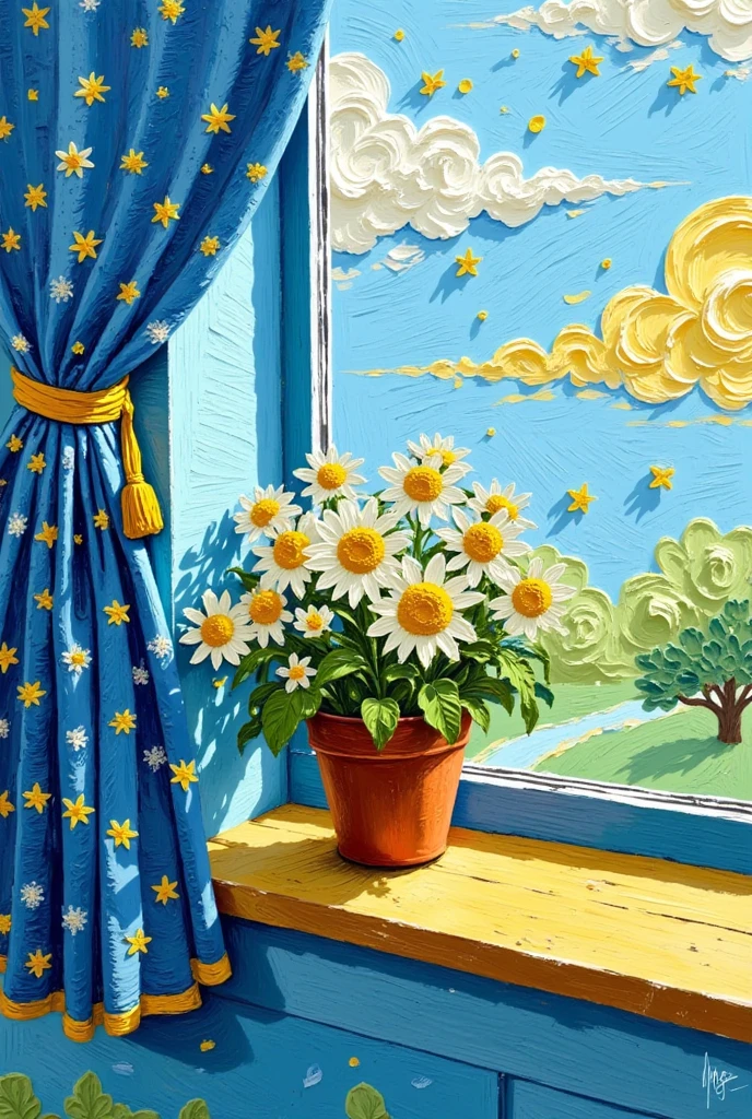   A painting of a potted plant with flowers on the window sill, Summer morning light, Turning around with blue , Blue and, Afternoon light, some Turning around with blue ,  Sunlit window , Summer afternoon, Noon Sunshine, Afternoon sunshine, author：Alexander Carse  , Blue and color scheme, Turning around with blue  color scheme, Afternoon lights,  Sunny morning light , Noon Sun