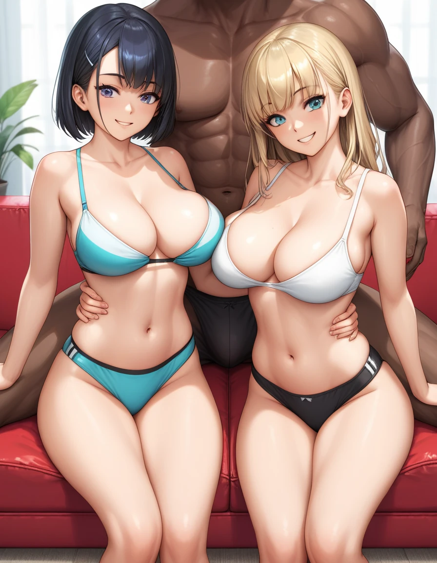 score_7_up, source_anime, anime screen, 2girls, big breasts, 1boy, smile, dark-skinned male, muscular male, underwear, sitting sofa, from front, touching bellybutton, dick in the bellybutton, navel play, belly, belly button focus, belly focus, the object inside bellybutton, bellybutton, bellybutton, belly button, touching belly, someone touching her belly, someone fucking her belly button, navel play, playing with navel, rubbing navel.