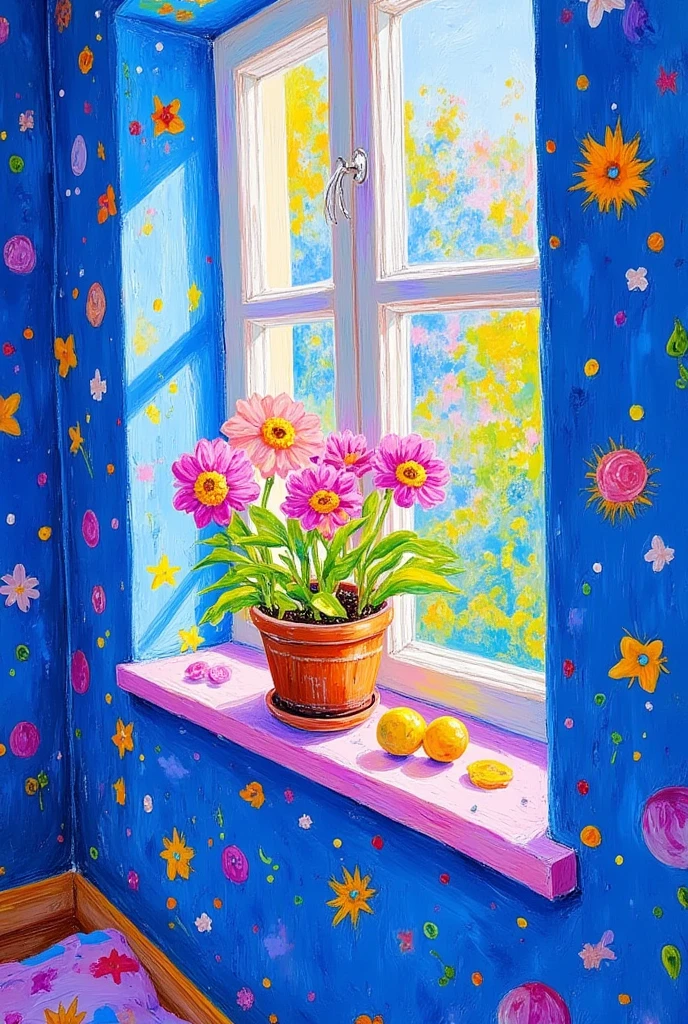   There is a painting of a potted plant with flowers on the window sill, Summer morning light, Turning around with blue , Blue and, Afternoon light, some Turning around with blue ,  Sunlit window , Summer afternoon, Noon Sunshine, Afternoon sunshine, author：Alexander Carse  , Blue and color scheme, Turning around with blue  color scheme, Afternoon lights,  Sunny morning light  , Noon Sun