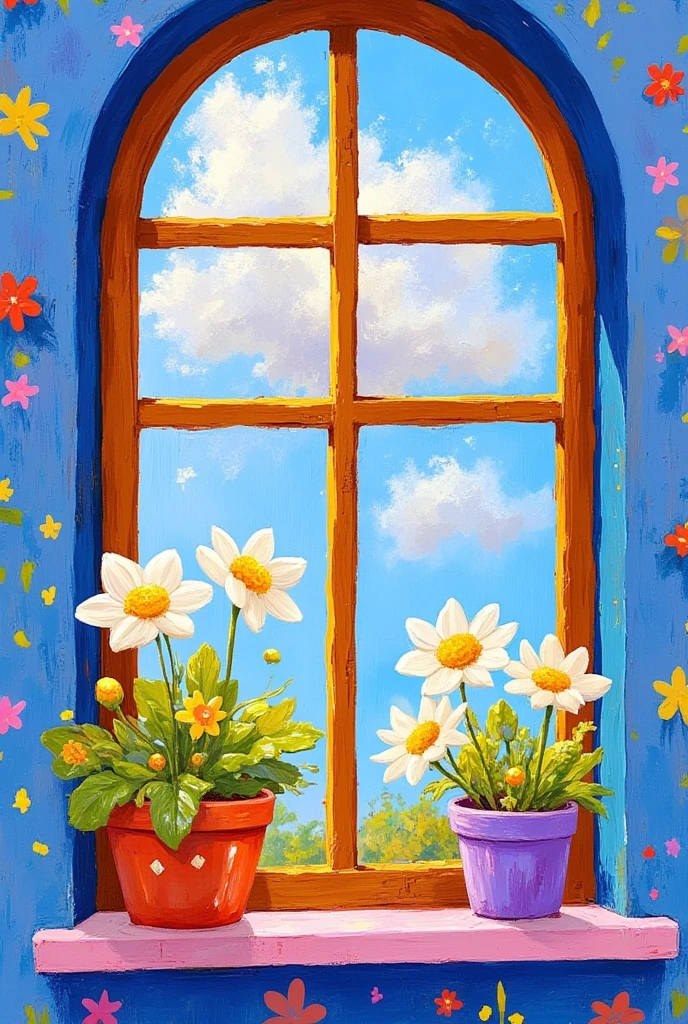  A beautiful art painting ， depicts a potted plant with flowers on a window sill, a art painting by Alexander Carse, Popular on ArtStation, art, Summer morning light, Turning around with blue , Blue and, Afternoon light, some Turning around with blue ,  Sunlit window , Summer afternoon, Noon Sunshine, Afternoon sunshine, Blue and color scheme, Turning around with blue  color scheme