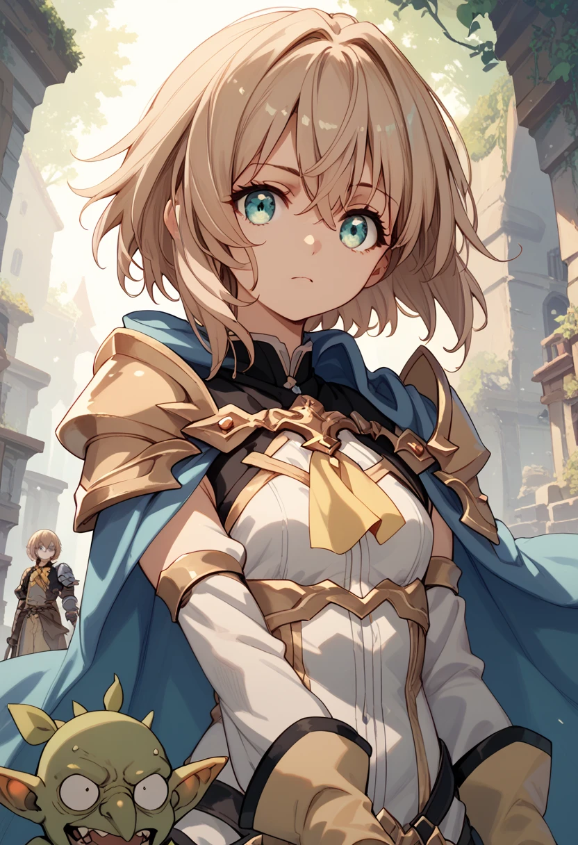 maximum quality,  goblin Slayer, guild Master , Turquoise eyes, short hair, cape, Turquoise eyes, short hair, cape, shoulder armor, light brown hair, short straight hair to shoulder length, yellow tie, bob cut, shoulder length hair