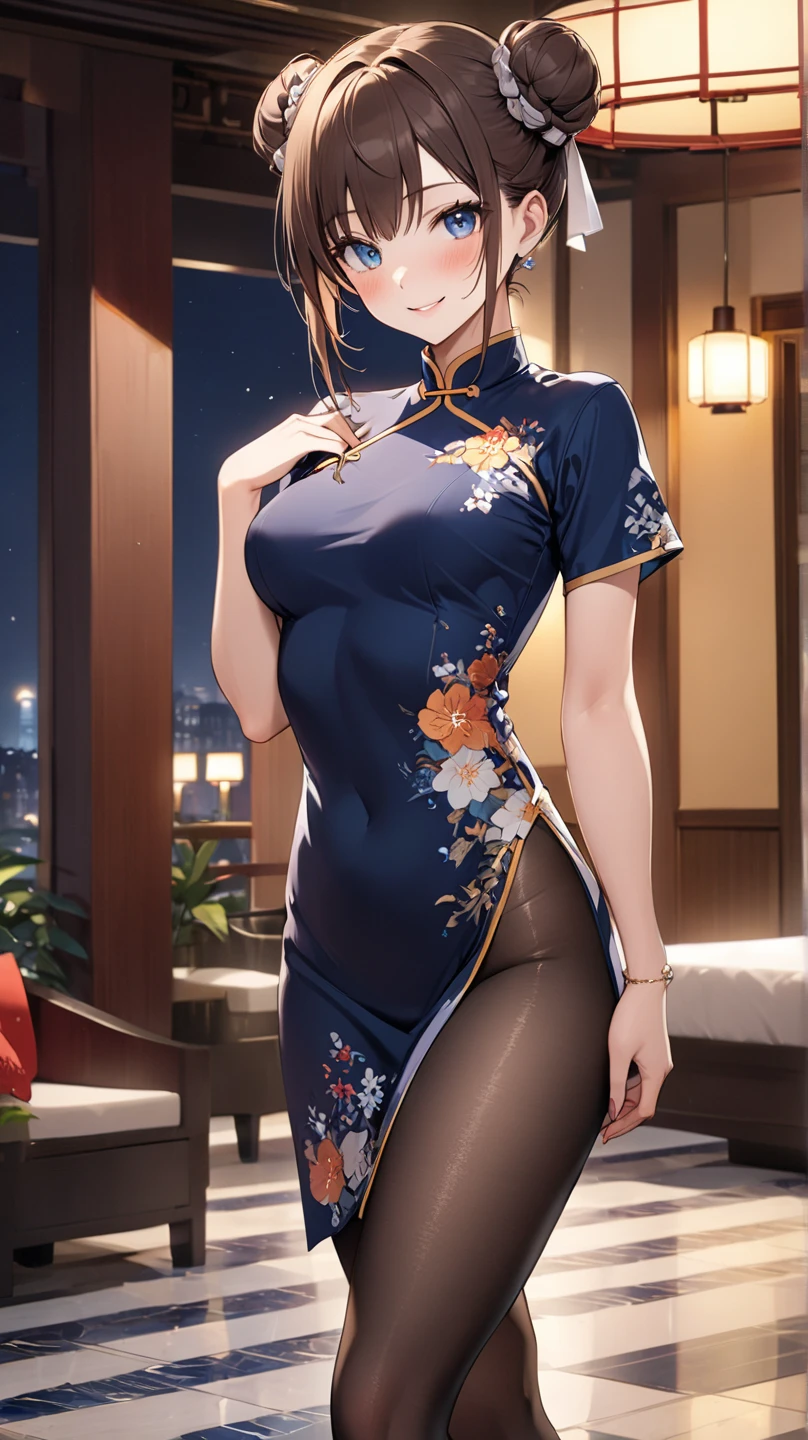 woman,20-year-old,city,(((See-through cheongsam))),,open mouth smile(()),blush、,((turn around and look back))()Reflecting the buttocks,glasses
