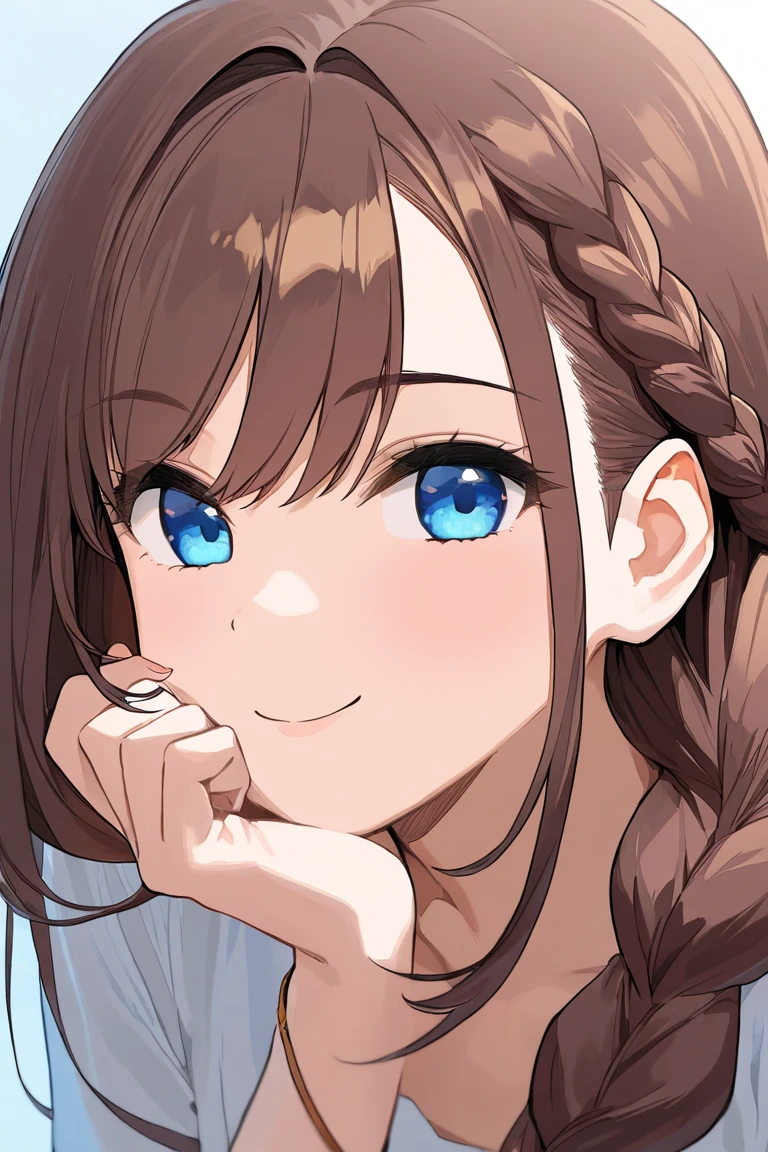  a girl,  long hair , Braid, smile,  blue eyes,  Hair Tie,  animated,  High resolution, 