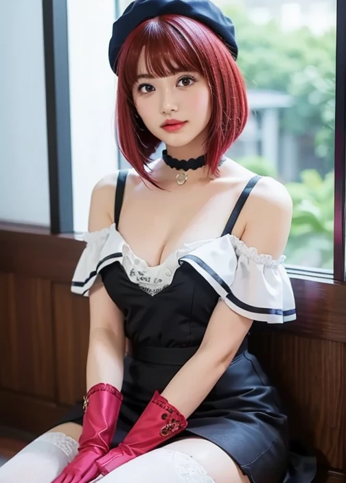   Masterpiece ,  best quality,  high definition , red hair、 Trimmed Short Bob , Wear a beret,  head tilt, red eyes, gem, brooch, touch the black choker 、  white ascot, frills, Short sleeve, Pink gloves,   black miniskirt ,  erect nipples, ( sitting with legs open,  stand on your knees 、 legs)、 white lace panties are slightly visible ,  smirking ,  off-shoulder red idol costume with a lot of exposure、Small cleavage、Exposing everything other than the nipples 、