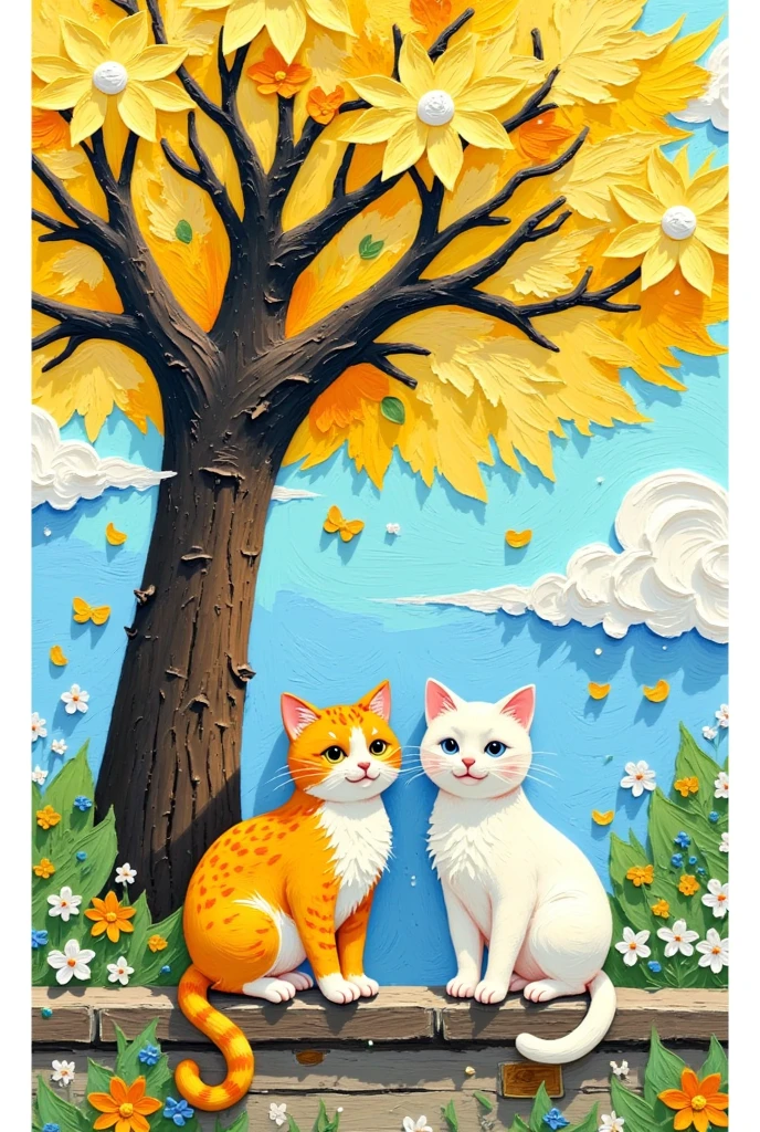 there are Two cats sitting on a ledge under a tree, Maki Haku , pixiv,  furry art , 在autumn, 🍁  cute, 🍂  cute, autumn, illustration of 2 cats, Cat  , Two cats, 在autumn, autumn, illustration!, autumn, anime visual of a  cute cat, cat cat ,  nothing 