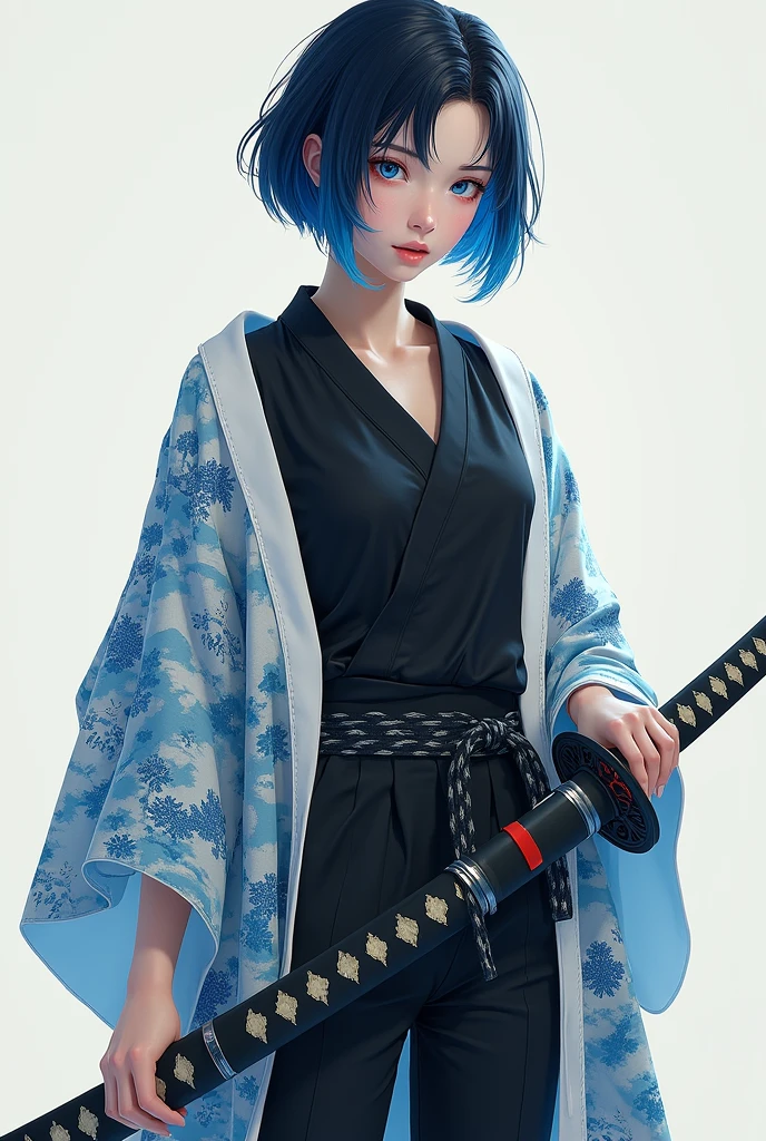 A Korean woman with short, blue  hair, a beautiful face showing her cleavage, wearing a black and white yukata , (holding a katana:1.2), surrealistic style, pastel tones, mid shot, dramatic light.