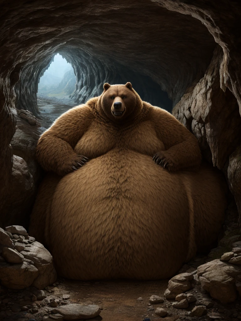 Very Extremely Morbidly-Obese Grizzly Bear with Very very very Extremely Massive Overhang Belly, wears Boots, gets stuck by tight squeezing and crawling through narrowest Cave 