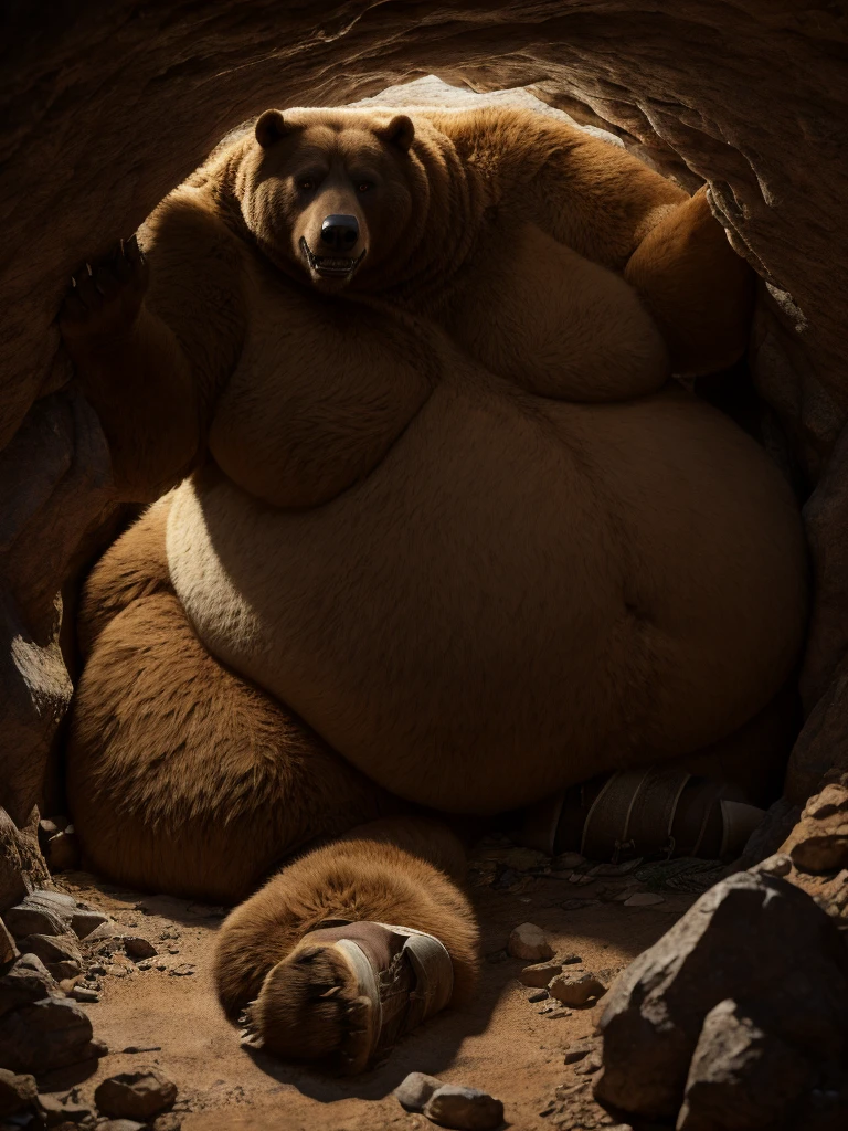 Very Extremely Morbidly-Obese Grizzly Bear with Very very very Extremely Massive Overhang Belly, wears Boots, gets stuck by tight squeezing and crawling through narrowest Cave 