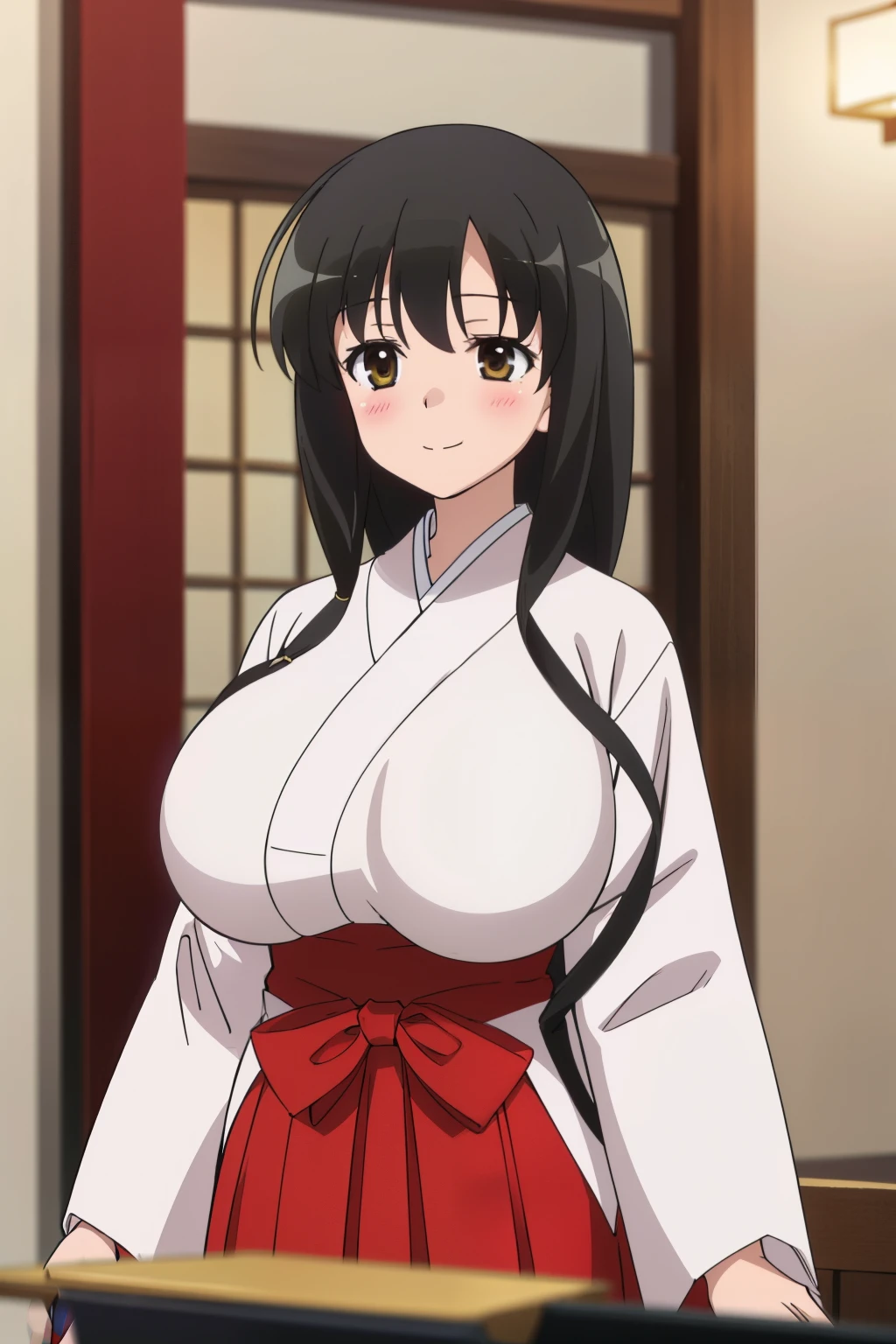 anime screencap, huge tits , masterpiece, best quality, high resolution, 2D, anime cels, best quality, high resolution, 1girl, kasumi iwato, japanese clothes, japan architecture, (huge breasts:1.4), blush, embarrassed, smile, looking away, red hakama