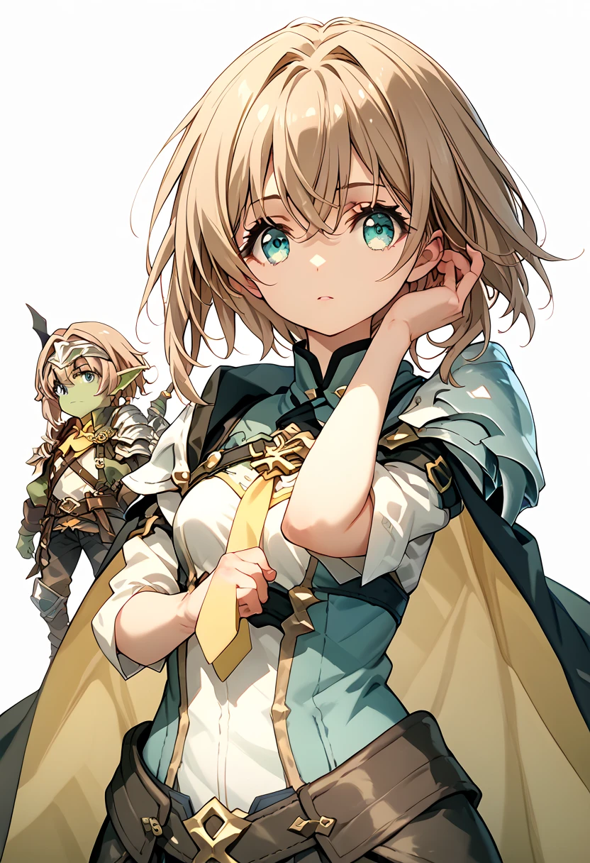 maximum quality,  goblin Slayer, guild Master , Turquoise eyes, short hair, cape, Turquoise eyes, short hair, cape, shoulder armor, light brown hair, short straight hair to shoulder length, yellow tie, bob cut, shoulder length hair