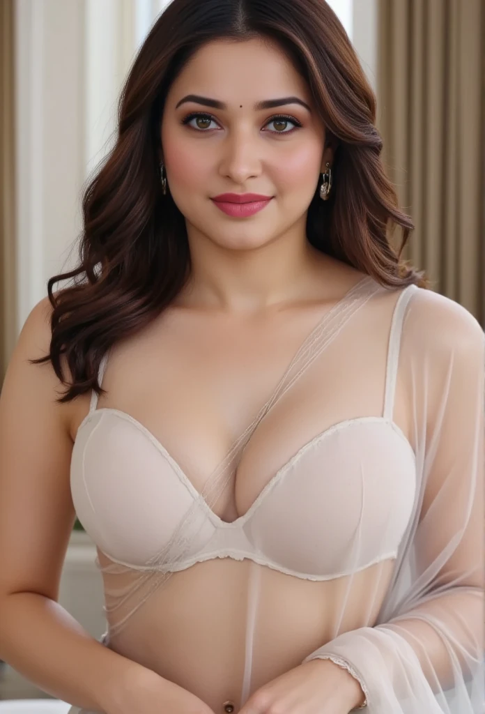 full body,front view,big boobs,cleavage,transparent white saree,no bra,nude,standing position,body facing to camera,smile,red lipstick 