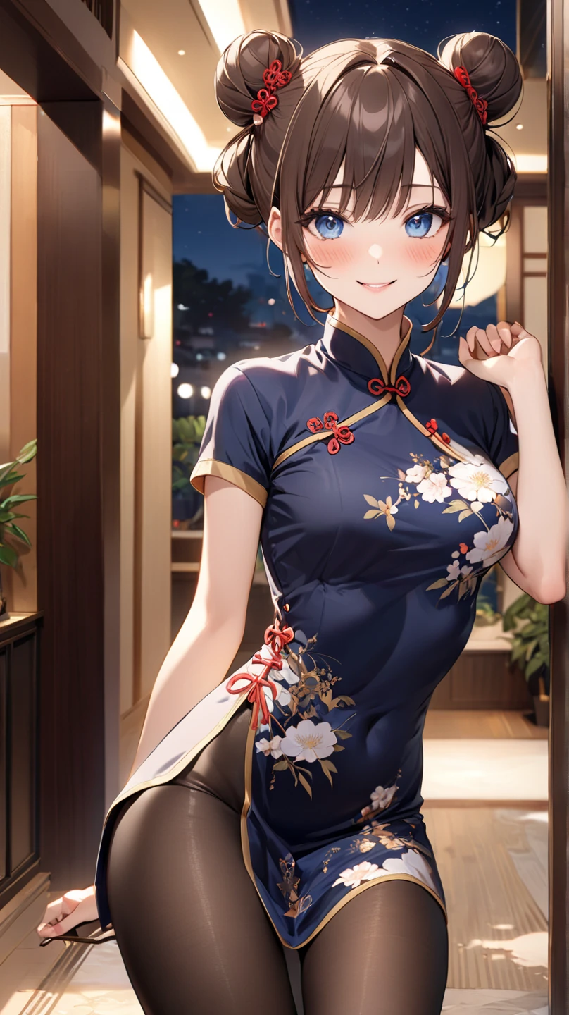 1girl, natural lighting, masterpiece, highly detailed, illustration, game CG, absurdres, high quality, glossy lips, aichan, large breasts, blue eyes, beautiful detailed eyes, short brown hair, side braid, (sleeveless short cheongsam), garden,