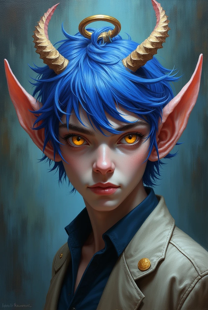 Create a handsome male character with no shirt, blue hair, blue eyes, blue horns, white skin