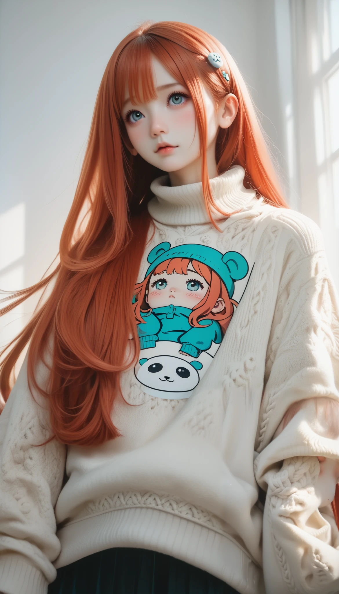 (((Solo Girl))) (  1 girl) ,   full body shot ,   taken from below  ,  RAW photo, (12yo skinny redhead girl:1.2), ((baby face)) ((intense red hair)) ((  Very Long Hair )),   blanking ,  realistic skin texture to hide female genitals ,   oversized knitted sweater , (red:0.8), Softcore,  Warm lighting ,  cozy atmosphere ,  instagram style, nsfw , Naive, shy, short, thin, fit, beautiful, cute,  pale skin, ((  blanking  )), 