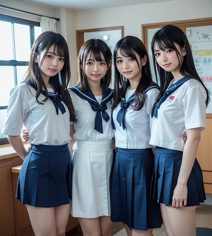 girls in old-Japanese classroom near window,white sailor shirt over navy blue swimsuit,red bow tie,18-year-old,bangs,a little smile,thighs,knees,straight hair with barrette,from below,front-lighting