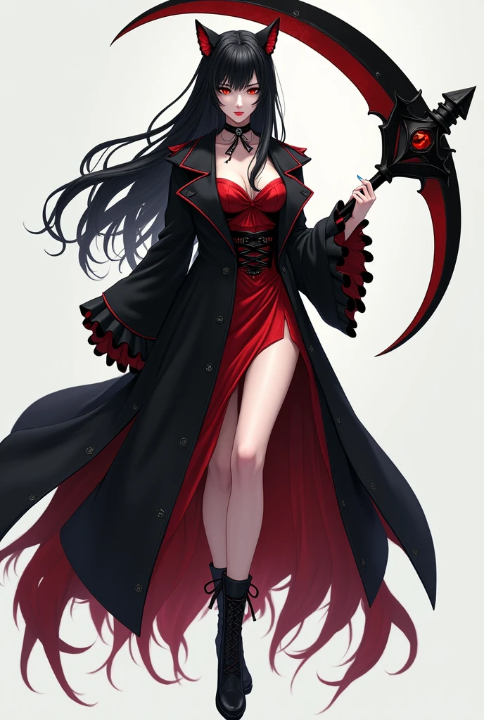 handsome woman，red-eyes，red pupils，Long black hair, grey skin, looks ill, Hyperresolution，accuracy，Detailed rendering，（Subtle facial image）（Image of fine hair）（topquality）（Masterpieces of masters）（High degree of completeness）（A sense of atmosphere）tmasterpiece，Super detailed and super detailed（full-body portrait), large witch hat, ankle length black straight hair, fierce look in her eyes, blood, full body