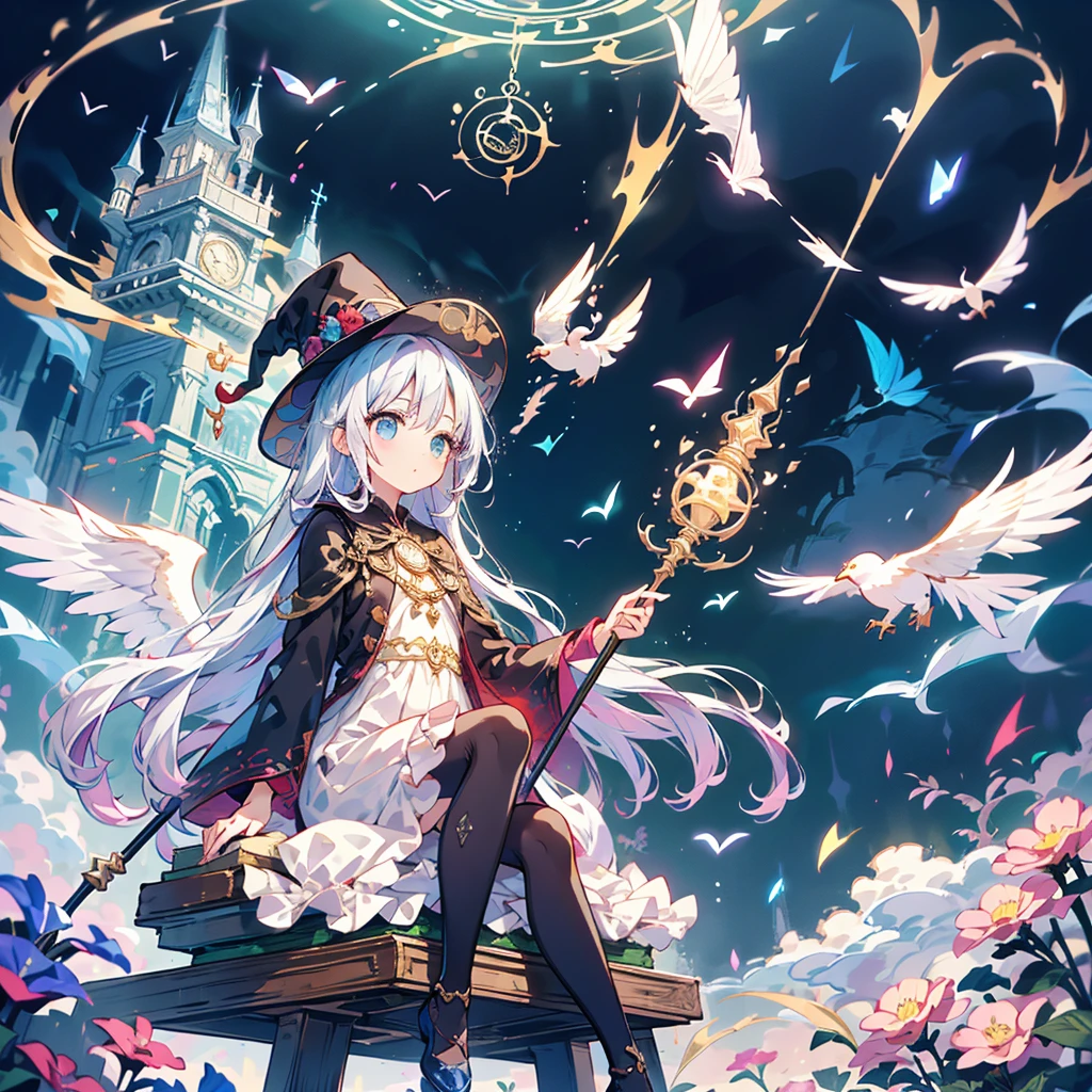 1girl, absurd、 fantasy standing in a church、 Pure White Hair 、The World of Magical Girls、( surprisingly wacky )),(masterpiece:1.2),超 high definition ,  Attention to Details ,  High Quality ,  high definition , 最 High Quality ,  4K, 8k,break, shorthair、 long sidebar、Gray Hair、 wizard 、((Sitting on a cane))、(( flying)), year-old student 、cute、Black Witch Outfit 、 small silk hat 、🎩、magic circle、