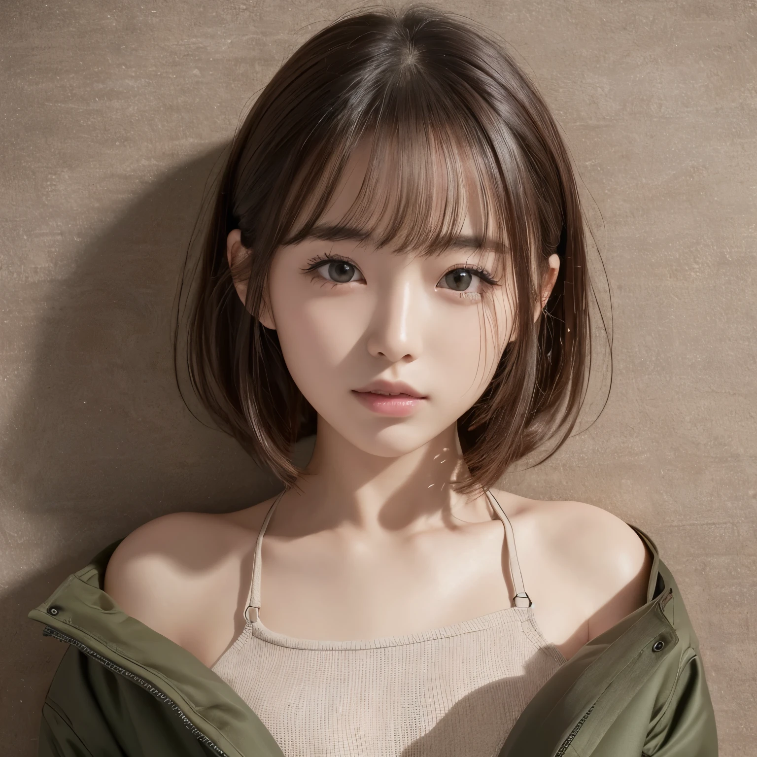 (8k,  super A high resolution,   best quality ,  table top in front of you:1.2)、  japanese girl &#39;s&#39;s life々 beautiful portrait 、 super A high resolution、  best quality 、 (Big Breasts,:1.4)、( natural skin texture、 detailed skin、 Hyperrealism 、 Ultra Sharpness )、 intricate details 、 Depth of Written Boundary 、 sexy adult woman 、 black shorthair、Wear a tight Aster Peace 、  best quality 、 high definition))、(Photographically:1.4)、 closes her mouth、Laugh happily、 big eyes、 bright double eyelids 、 eyelash 、Long neck、 beautiful collarbone 、 perfect face、Thin lips、 small face 、( Staring at the Audience 、Eye Enhancement、 light brown eyes、 lip gloss )、