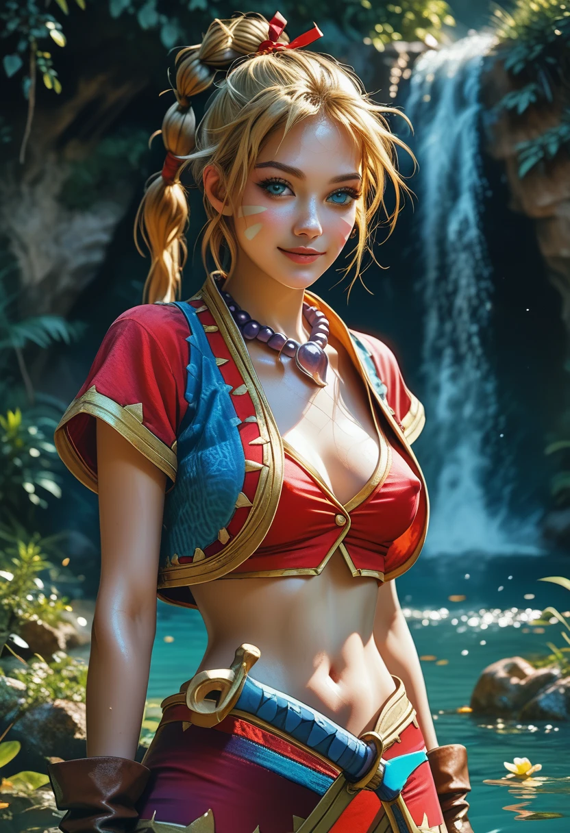 1woman, Highly detailed face, (beautiful blue eyes), light smile, kdecc, ponytail, facial mark, necklace, fitted red vest, small bust, (nude torso under vest:1.42), erect nipples, midriff, (form fitting red skirt), ((skirt is partially open)), (yellow pubic hair peeks out of her skirt:1.37), gloves, (full length portrait), (standing with legs apart), d3t41l3d