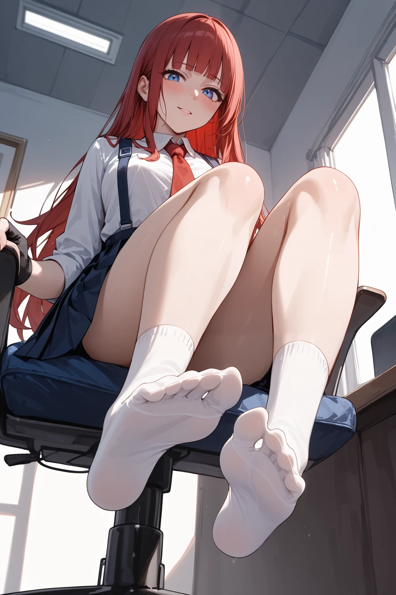 ｛{{Toes covered with white socks:1.8}}},low-angle view,three-quarter view,  foot focus,    Focus on the feet, woman being checked on the soles of her feet with socks,Adult woman sitting in chair, white socks with thick fabric soles of feet with socks, blushing, humiliation, looking at viewer, 
,{{masterpiece}}, {{{Highest quality}}},{{Very detailed}},Anatomically correct.	hand complete anatomy,woman suffers、blue suspenders, blue Pleated Miniskirt,black fingerless gloves,Red tie,, white socks,,　Straight hair,Long hair ,Red Hair, blunt bangs,, inside infirmary