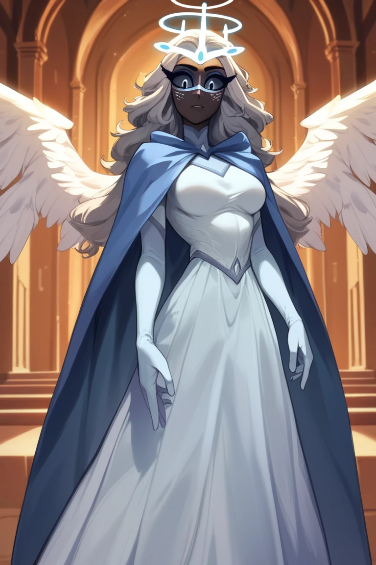 SeraHHXL, dark skin, colored skin, grey sclera, colored sclera, halo, glowing halo, angel wings, breasts, (solo), standing, blue cape, gloves, long skirt, dark blue long gloves, Masked Lute, looking at viewer, indoors