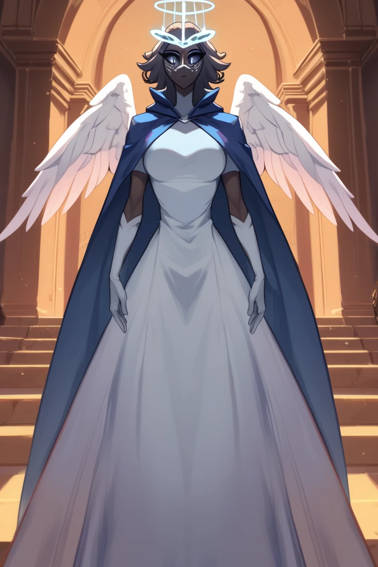 SeraHHXL, dark skin, colored skin, grey sclera, colored sclera, halo, glowing halo, angel wings, breasts, (solo), standing, blue cape, gloves, long skirt, dark blue long gloves, Masked Lute, looking at viewer, indoors