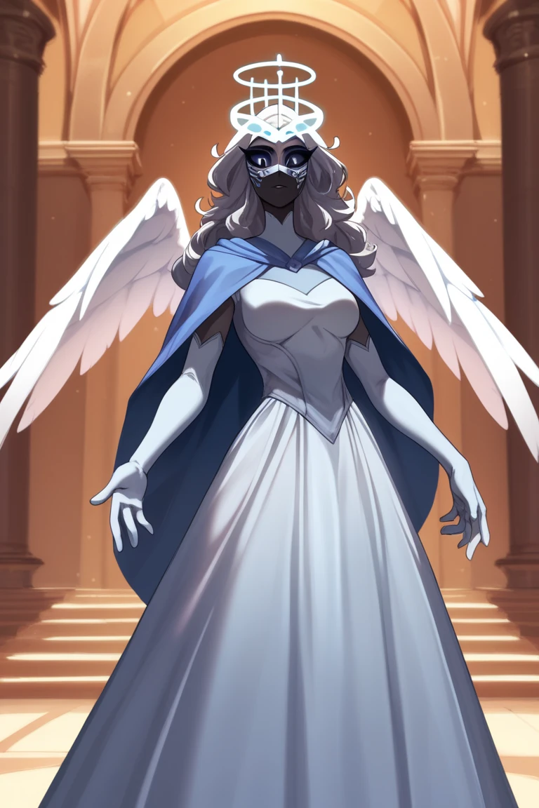 SeraHHXL, dark skin, colored skin, grey sclera, colored sclera, halo, glowing halo, angel wings, breasts, (solo), standing, blue cape, gloves, long skirt, dark blue long gloves, Masked Lute, looking at viewer, indoors