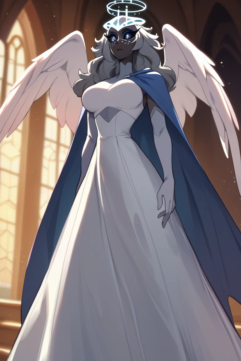 SeraHHXL, dark skin, colored skin, grey sclera, colored sclera, halo, glowing halo, angel wings, breasts, (solo), standing, blue cape, gloves, long skirt, dark blue long gloves, Masked Lute, looking at viewer, indoors