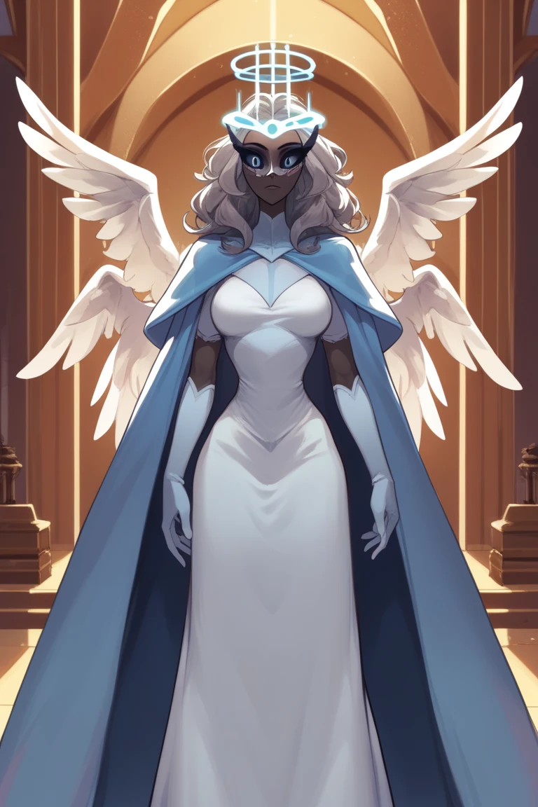 SeraHHXL, dark skin, colored skin, grey sclera, colored sclera, halo, glowing halo, angel wings, breasts, (solo), standing, blue cape, gloves, long skirt, dark blue long gloves, Masked Lute, looking at viewer, indoors