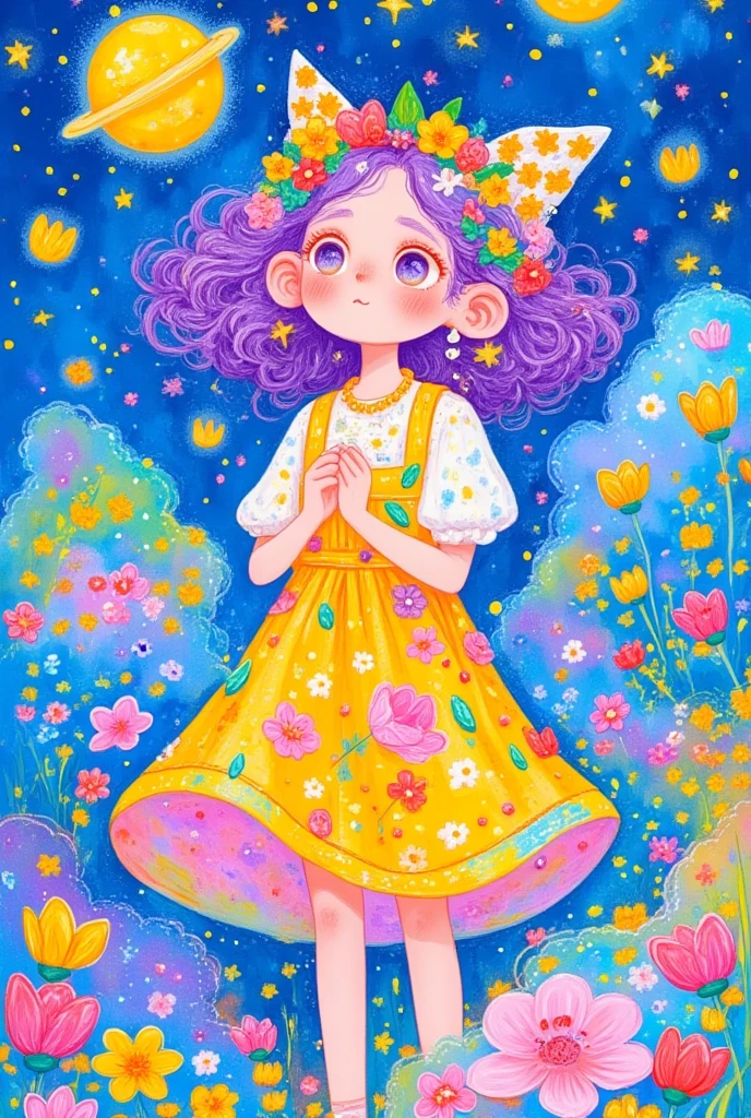  a picture of a girl wearing flowers on her head, Girl in the flowers, Flower Girl,  Draw , Flowers in her hair , Wearing a floral dress, Colorfull illustration,  a non-binary god of spring in fantasy style , Girl with a wreath, Whimsical Portraits, Cute illustrations, Girl made of flowers,  flowers in hair ,  colorful illustration 