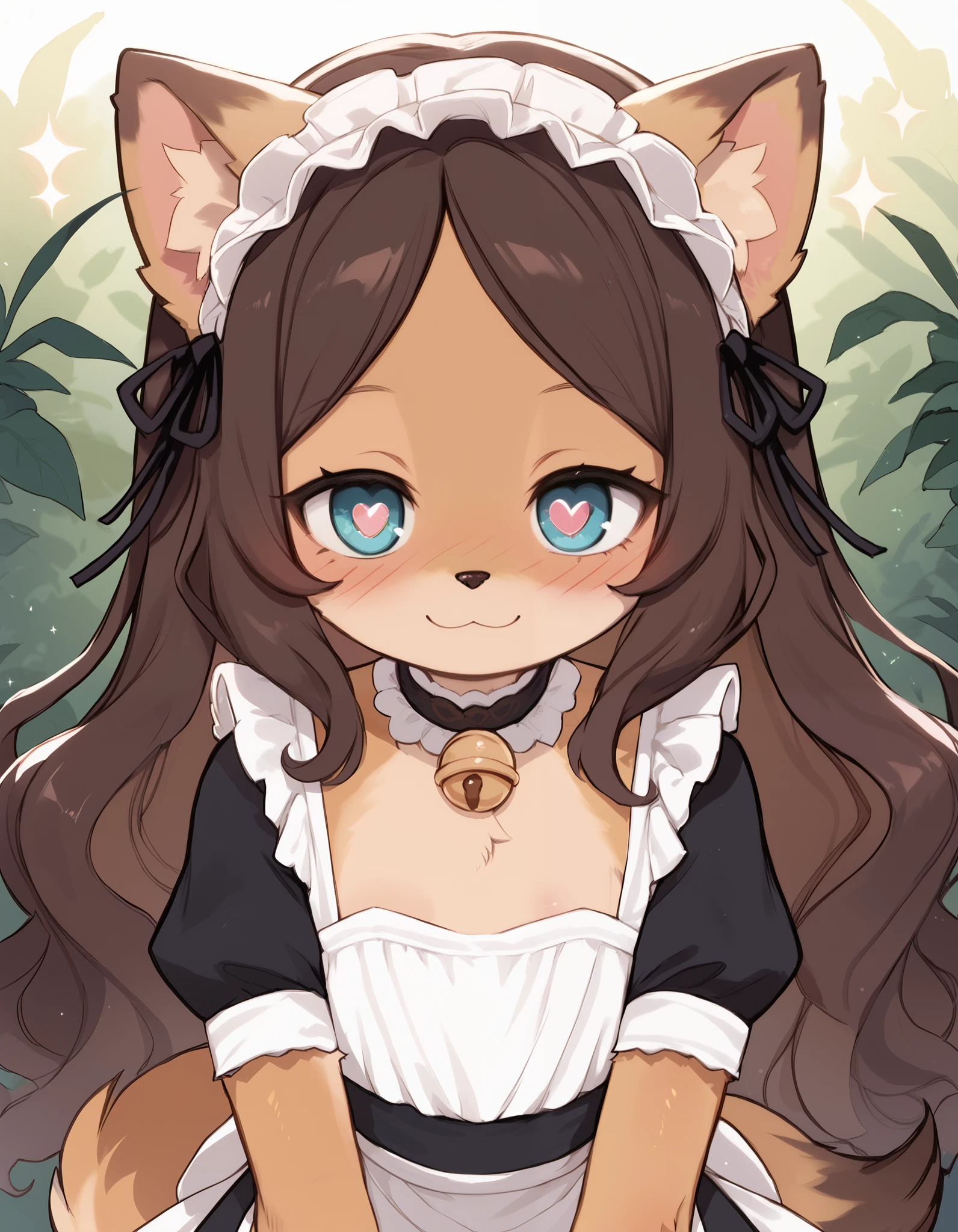 best quality,best resolution,(fluffy anthro furry :1.6),(young :1.6),cat girl,small breasts,dark brown hair,long hair,wavy hair,curvy hair,gold canine fur,gold dog tail,gold fur,blue eyes,glistering eyes,sparkle eyes,small bell collar,maid outfit,maid headdress,maid gloves,ruffles,beautiful cafe,white light,looking at viewer,full face blush,happy face,smile,heart eyes,heart expression eyes,very close eyes,one eyes close,sexy pose, lush breasts