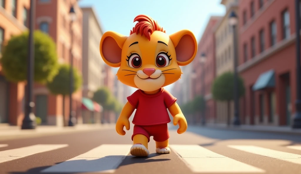 
Cartoon 3d pixar A baby lion is walking on two legs on a city street with light poles in the background on the side of the road, and Sheru is wearing a red shorts and t-shirt 