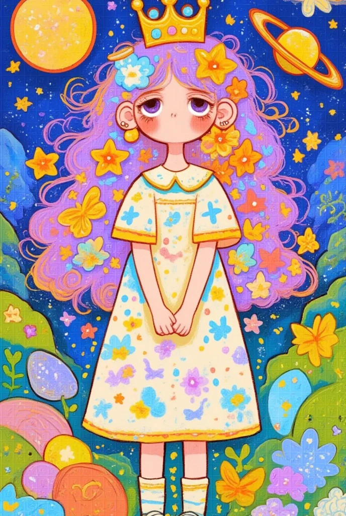  a picture of a girl wearing flowers on her head, Girl in the flowers, Flower Girl,  Draw , Flowers in her hair , Wearing a floral dress, Colorfull illustration,  a non-binary god of spring in fantasy style , Girl with a wreath, Whimsical Portraits, Cute illustrations, Girl made of flowers,  flowers in hair ,  colorful illustration 