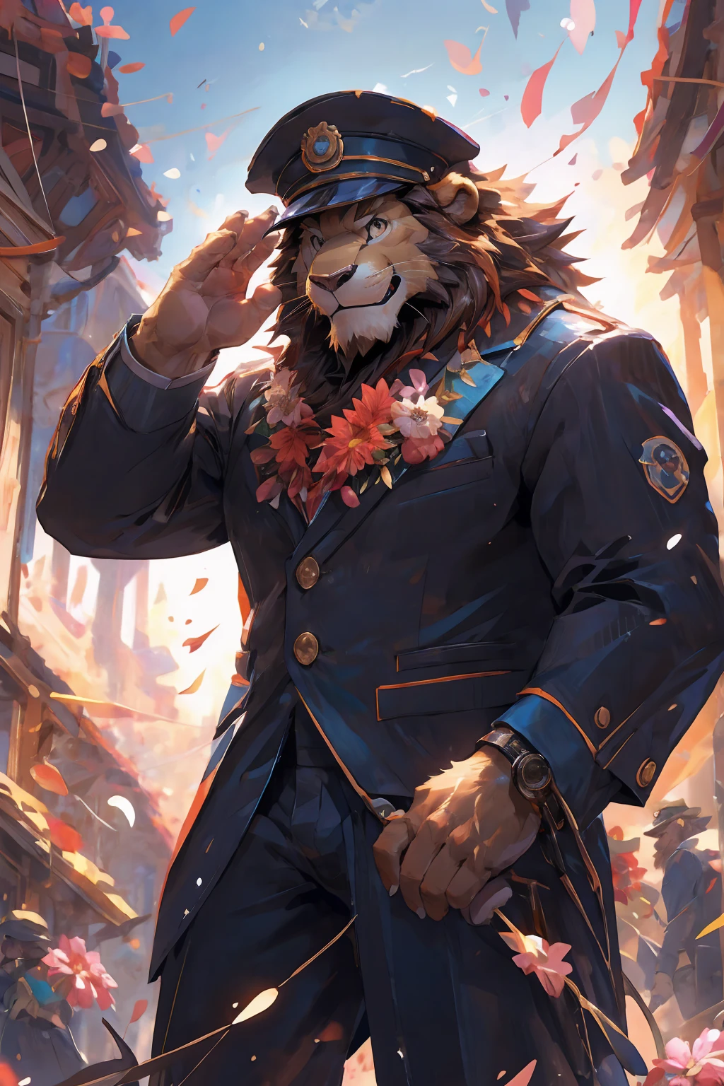 lion, brown fur, (dusk), elegant demeanor, Proud look, Smug expression, one palm Wave goodbye, trainconductor Uniform, masterpiece, (16K), HD, Various facial details, detailed background, very detailed, dynamic poses, Eyes details, high resolution, high quality, correct anatomy, railway, cartoon, by lindong, by null-ghost, Open palm, ground-level view, cap, one palm salute, cover image, offical art, solo, Winding Tracks, flower, one hand straight down