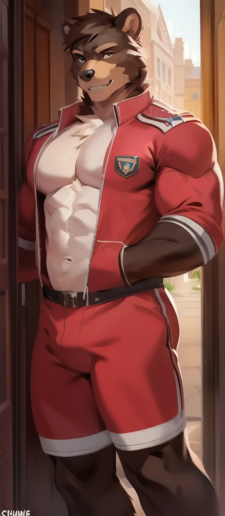 A young man is completely naked, with his hands on his hips and his crotch sticking out, showing off his dick. Dark skin, wild male, tall, short black hair, stylish body, good looking young man, huge erect dick, in heat, cute expression, blue sky, front view