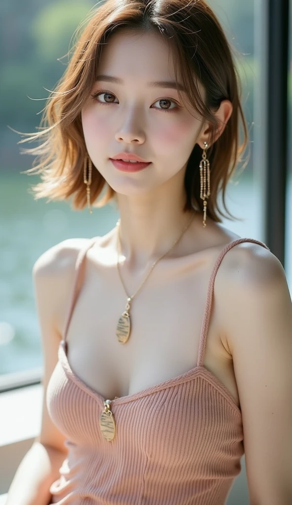 19 years old 、bangss、((( knit dress)))、Medium milk, cute  face、(Butt sticking out pose)、(turned around)、sexy hips、Parks with lakes、Big necklace、earrings、Photos showing the whole body((Short Hair))(Blonde)( Korean beauty)