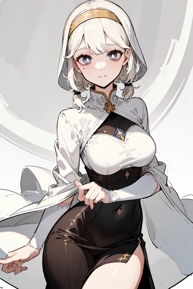 ((masterpiece,  best quality,  super high quality , Quan, sketch:1.1), 1 girl , half up pigtails,  young and short haired, Pure white hair, bob hair,  short bang, ((Pale grey eyes, White Eyes, White pupil)) ((White pupil)), (Colored eyelashes, White eyelashes:1.2),  neutral,  big smile ,( glamorous:1.6), adult woman,( mature body:1.6),(medium breasts:1.6),(cowboy shot),,,Perfectly accurate anatomical shape, all hands and feet, Full Finger, 1. Beautiful woman,Mole under the eye, Nuns, Hollow Sanctuary, Deep silence, The Sage Emerges, calm face, Wrapped around the monk&#39;s head&#39;Robe, Closed eyelids and beautiful delicate eyelashes, Revered hand, A worn-out habit, anklets on hands, Humble attitude, Mental concentration, Mortar Board, A gentle gaze, hand, creaking wooden chair, Ancient parchment, An old and historic monastery, Faded murals, Quiet atmosphere, Exquisitely embroidered robe, Sacred Symbols, Devout Faith., Full Body Shot, Fully clothed, Nuns kneeling on the floor praying, (((In the high and deep corridor, A monastery with stained glass))), skirt lift, show off micro panties:1.5,