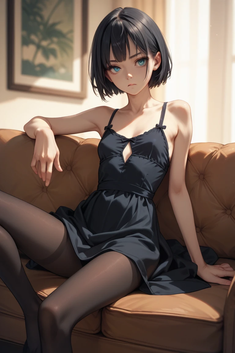 skinny girl,    blue eyes ,    Short hair,    Black hair   ,    Very small breasts   , skinny legs,  wide waist,    black tights   , in the room,    sits on the couch ,    spreads the legs, black thin dress